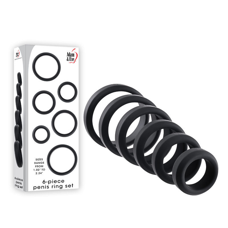 Adam & eve - 6 piece penis ring set - Product side view and box front view | Flirtybay.com.au